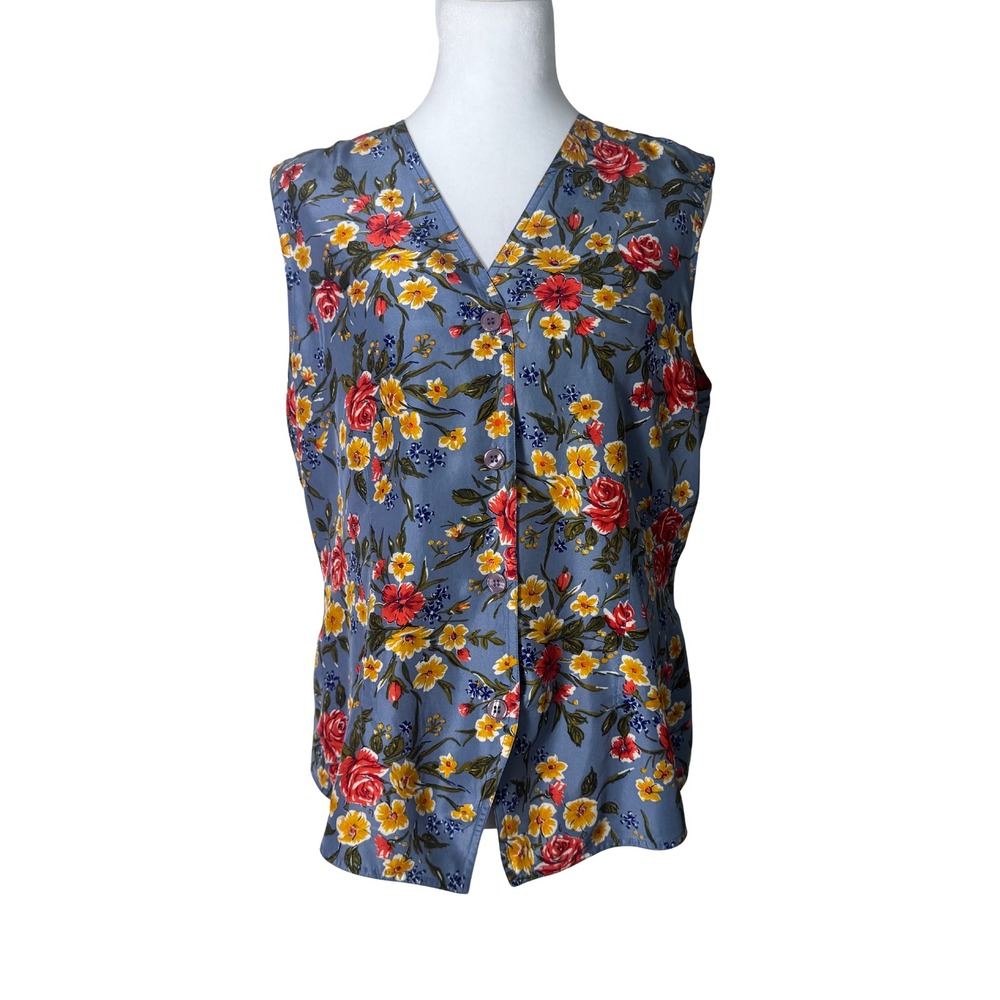 Vintage 100% Silk Floral Sleeveless Button Down Blouse Blue Red Yellow L